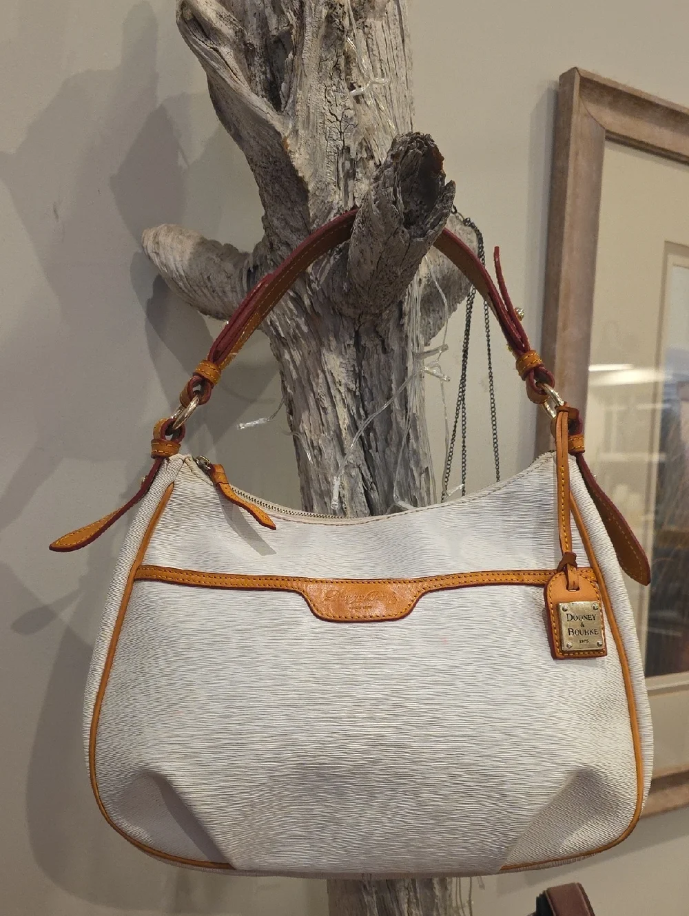 Dooney & Bourke Cream Shoulder Bag with Tan Trim and Brown Strap